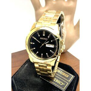 Seiko Men's Watch SUR358 Quartz Gold Stainless Steel Black Dial Day Date 39mm